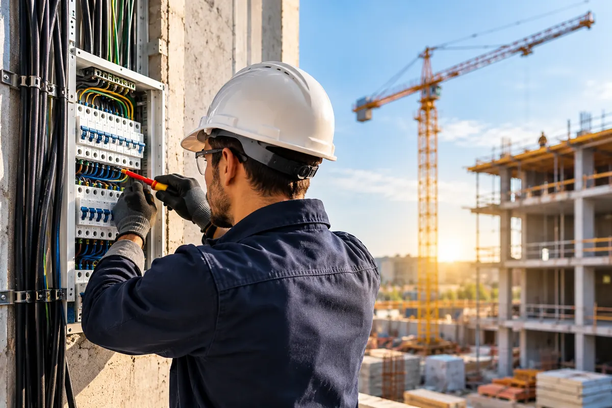 Técnico trabajando en un cuadro eléctrico en obra